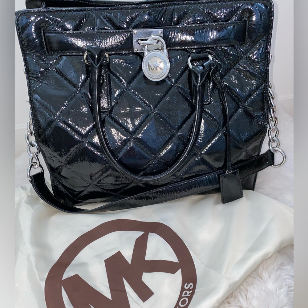 Michael Kors Hamilton Black Quilted Patent Leather Padlock Handbag Shoulder bag